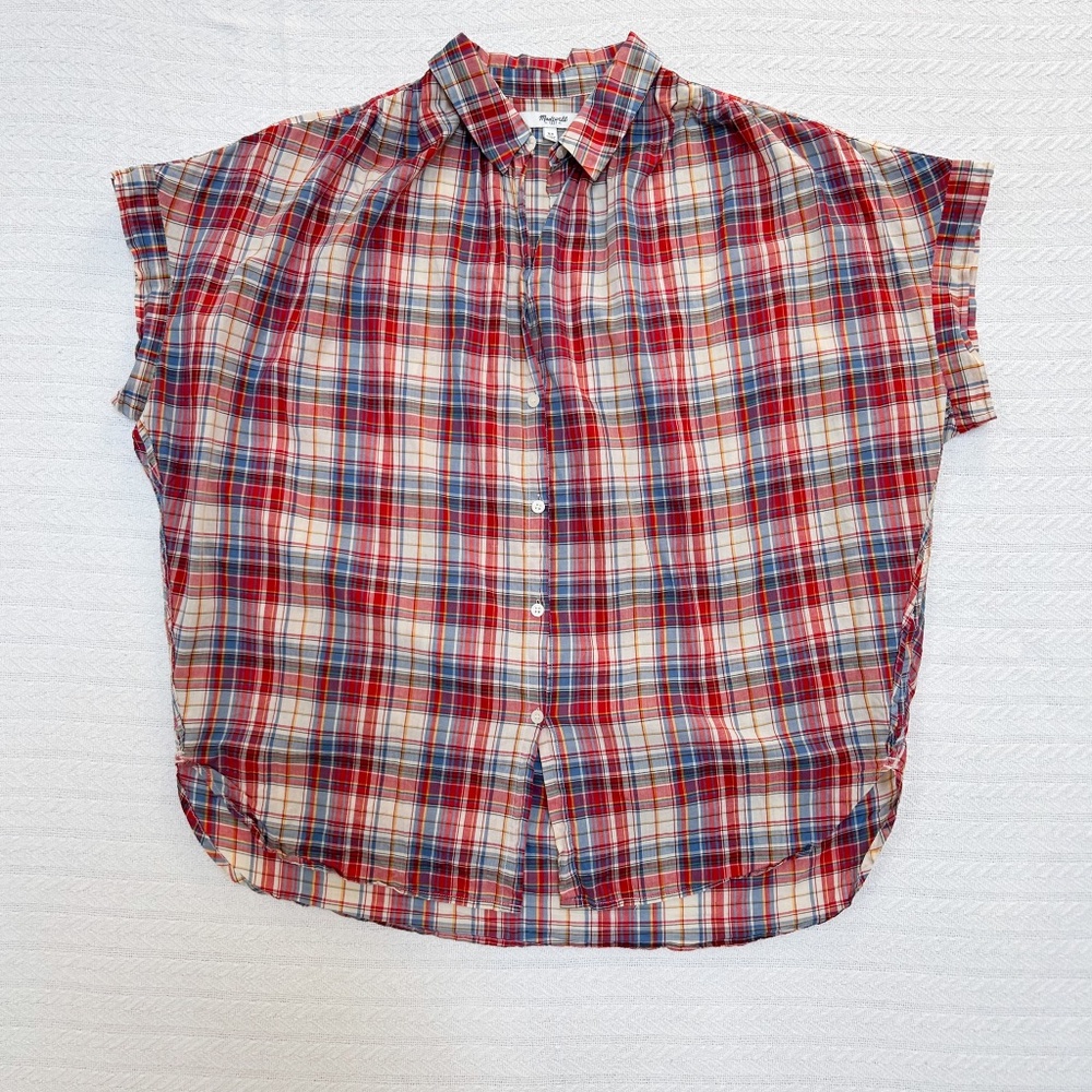 MADEWELL Plaid Red Cap Sleeve Button up top - Size XS - oversize fit  (M/L)